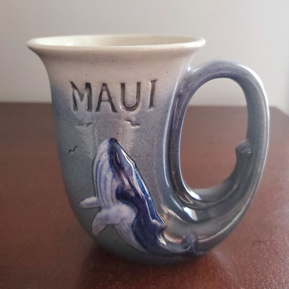 Hawaiian Pottery Mug Humpback Orca Whale Relief 3D Horn Shaped Handmade